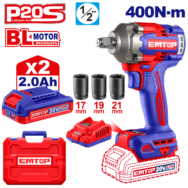 Producto - LLAVE DE IMPACTO INALAM. BRUSH 20V 400 Nm + CARG + 2 BAT 2.0 AH + ACC emtop