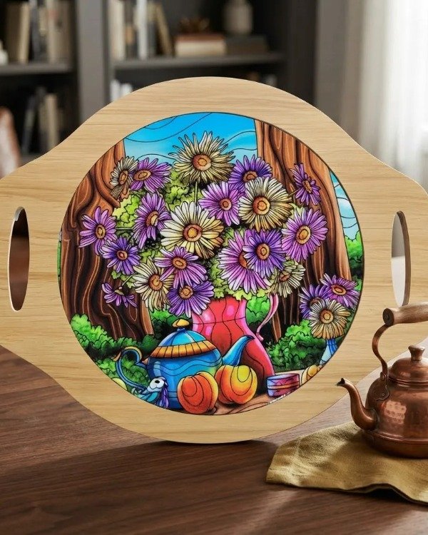 Producto - Posa Pava Fuente con asas Madera- Dibujo en PVC Redonda - 8