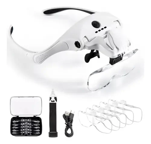 Producto - Lupa Iluminada Recargable 4 Led Con Diadema Y 5 Lentes