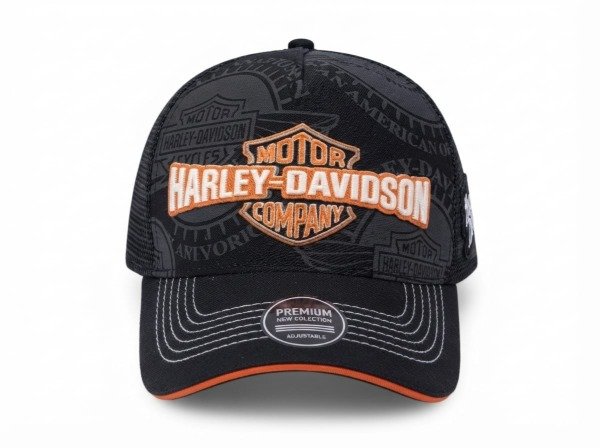 Producto - Gorra auto/moto "HARLEY DAVIDSON" trucker negra borde naranja