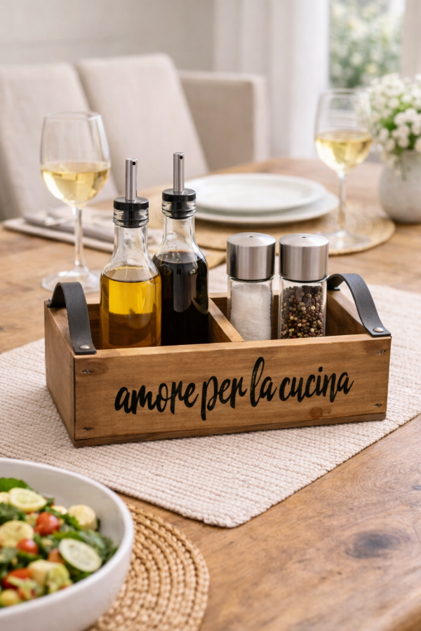 Producto - Caja/Organizador con divisiones "Amore per la Cucina" y tiradores de cuero