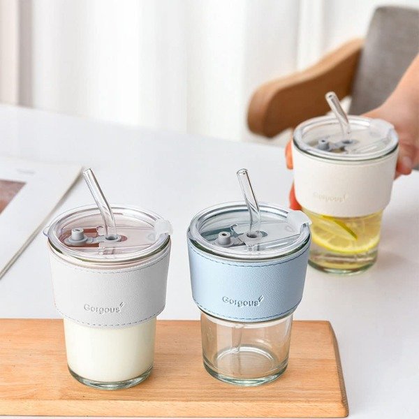 Producto - VASO DE VIDRIO BANDA ECOCUERO CON SORBETE