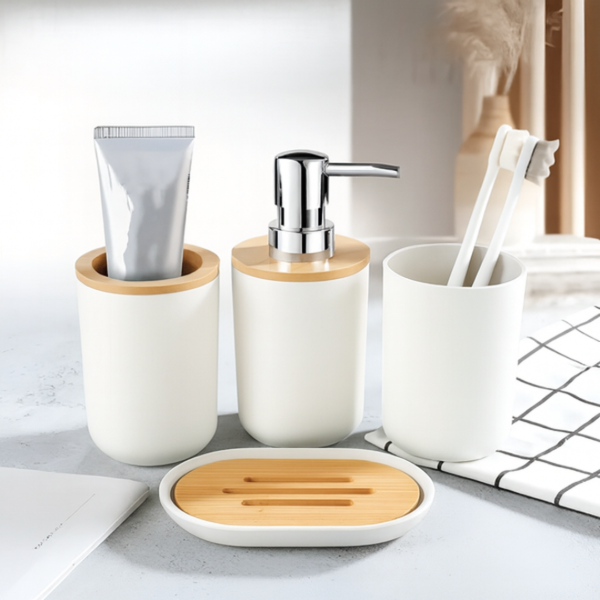 Producto - Set de baño x4 PCS Blanco Con Bambu