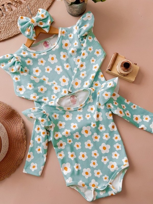 Producto - FRIZADOS / Body - Manga largas + Vincha. Estampa Margaritas Aqua