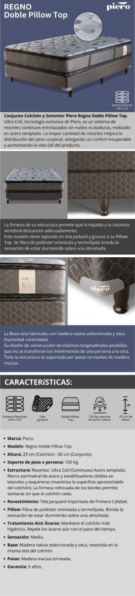 Producto - Sommier y Colchón Piero Regno Doble Pillow Top 200x200 + 2 Almohadas de Regalo - 6