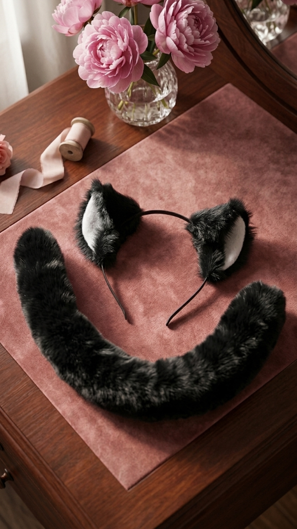 Producto - conjunto de gato Neko simple  adulto: vincha simple + cola de peluche de 50 cm - 1