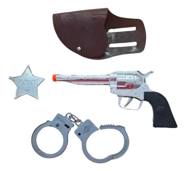 Producto - Set Cowboy Sheriff Pistola Cartuchera Esposas Placa Sherif Plata