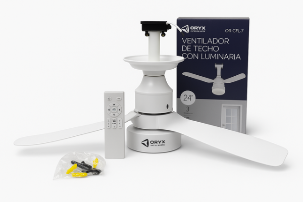 Producto - VENTILADOR DE TECHO ORYX OR-CFL7 CON LUMINARIA Y CONTROL REMOTO (BLANCO ó NEGRO)