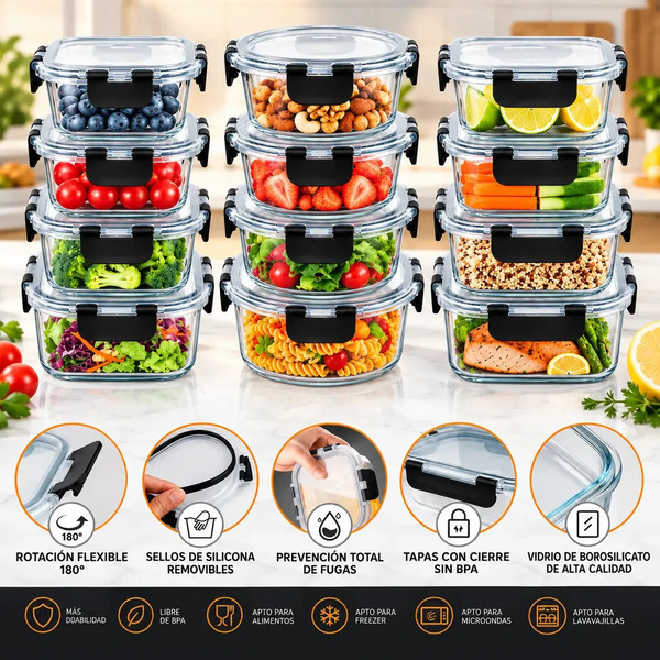 Producto - Set 12 recipientes hermeticos -vidrio -apto microondas/horno/freezer -varias - 5