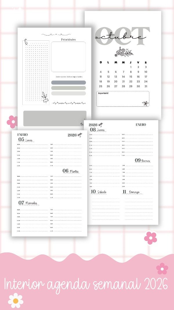 Producto - Interior agenda SEMANAL 2026 - B/N - con horarios