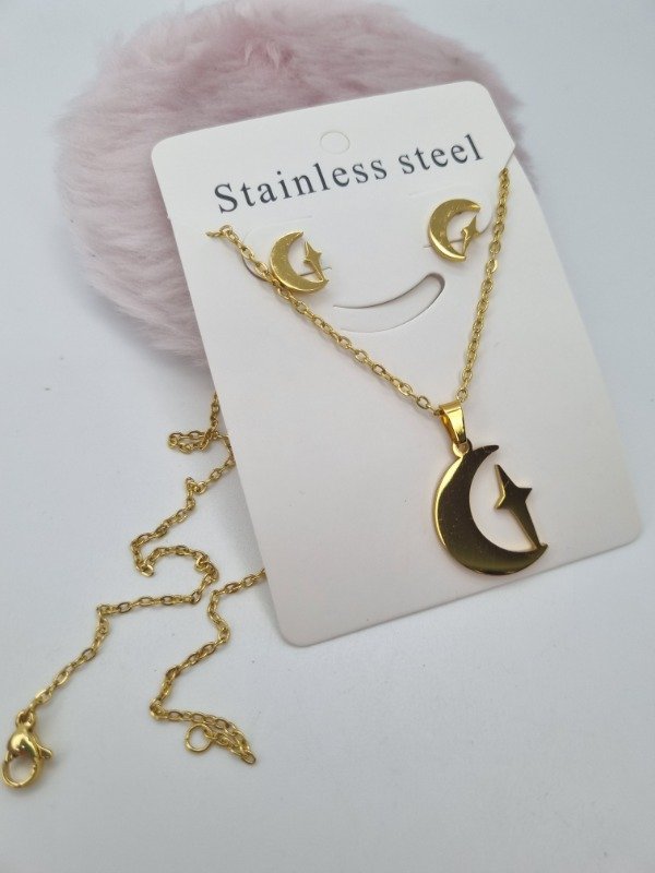 Producto - Set acero dorado cadena + aritos luna destello