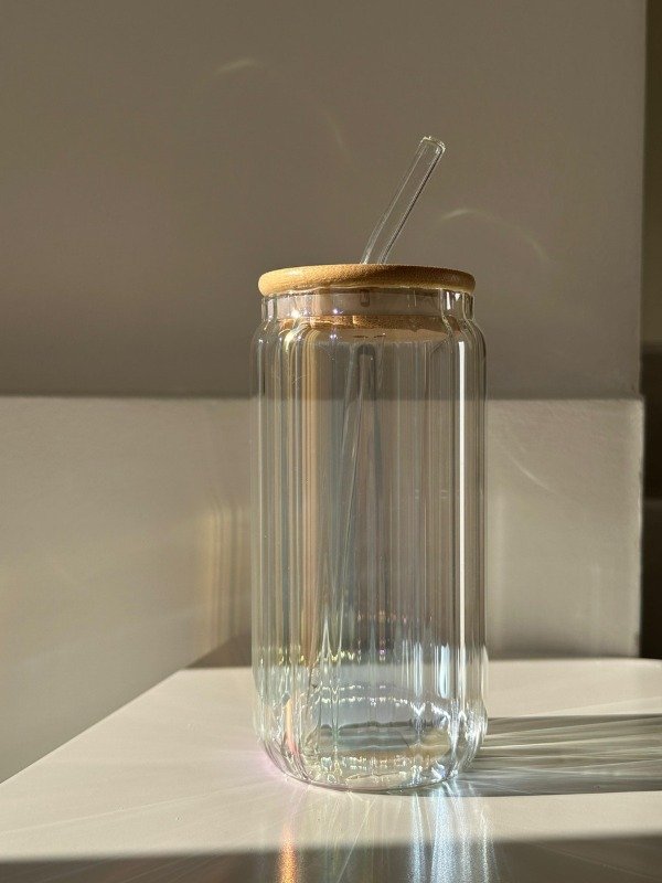 Producto - VASO VIDRIO 500ML C/TAPA DE BAMBU Y SORBETE