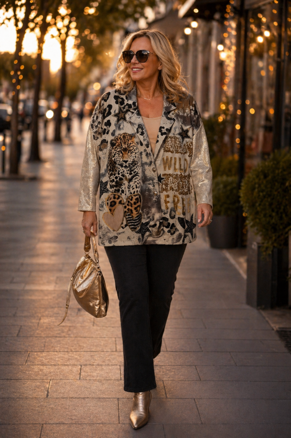 Producto - Blazer Moda Italiana Diseño Larguito Metalizado Oversize Abarca XL-XXL Beige