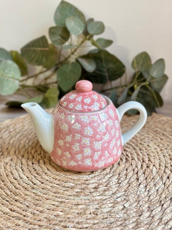Producto - Tetera de Ceramica + Infusor Diseño Flores de Cerezo Rojo - 19 x 9 x 12cm - 1