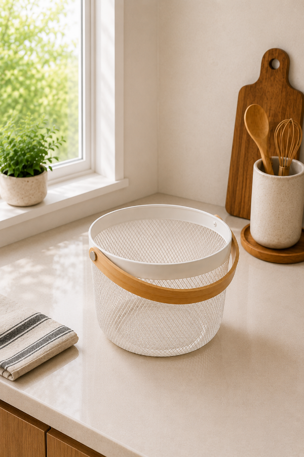 Producto - Canasto Metálico con Manija de Bambú  30 x 21 cm
