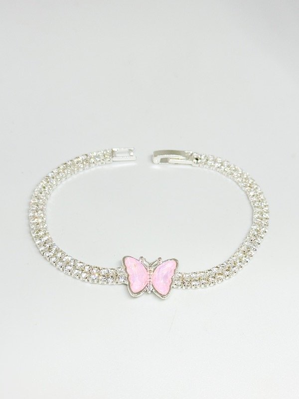 Producto - Pulsera de acero blanco strass con mariposa cristal rosa