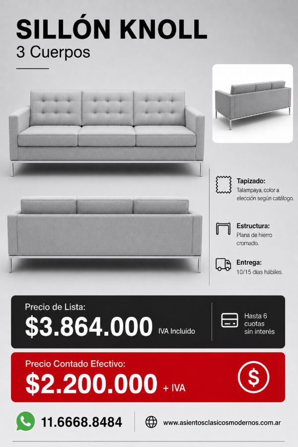 Producto - Sillón Sofá KNOLL 3 Cuerpos, Estructura Cromada, Tapizado Talampaya!!