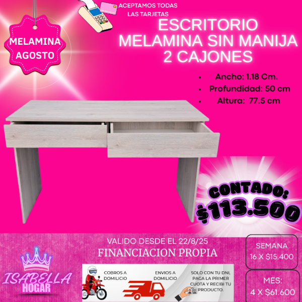 Producto - ESCRITORIO SIN MANIJAS MELAMINA 2 CAJONES