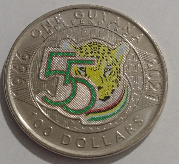 Producto - Guyana 100 Dolares 2021. 55 Años de la Independencia. Cuproniquel esmaltada 28mm - 2