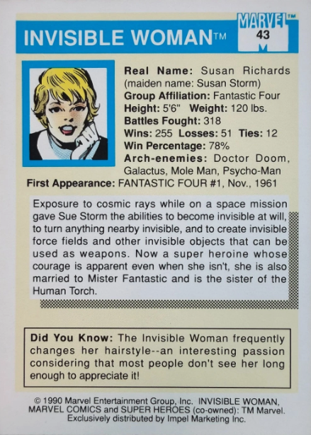 Producto - 1990 Impel Marvel Universe #43 - Invisible Woman - 1