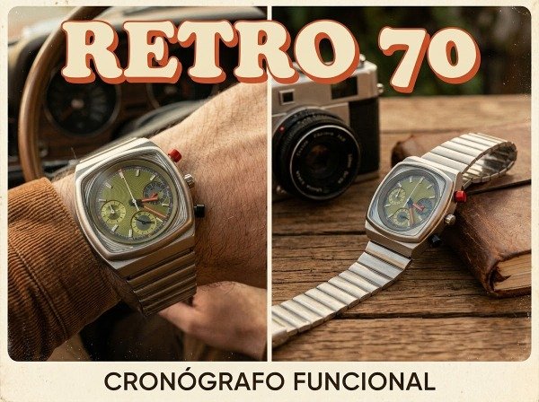 Producto - Reloj para hombre estilo retro años 70 verde, caja cuadrada - 1
