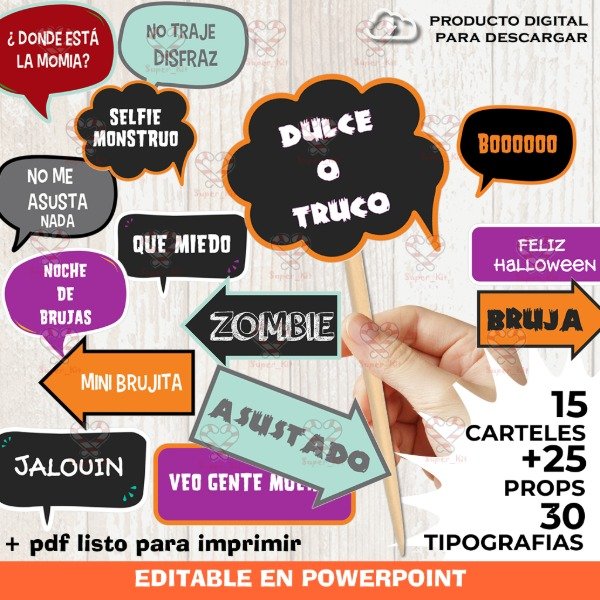 Producto - Kit Imprimible Halloween Photo Props Cartelitos Editable y Pdf