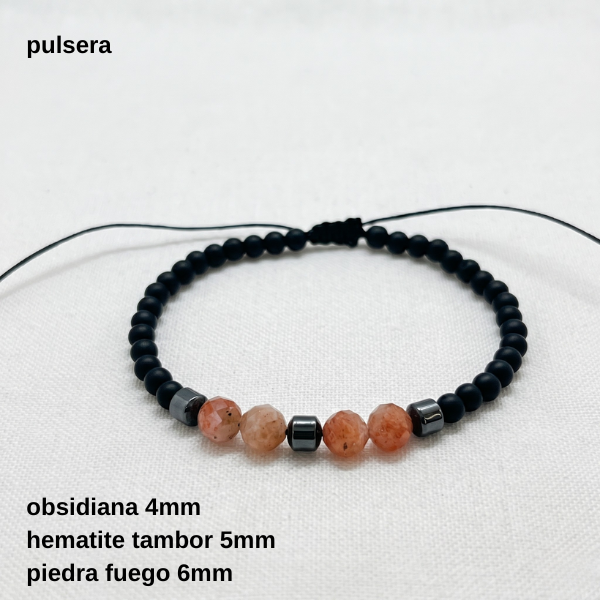 Producto - PULS.HOMB.FP - Pulsera regulable obsidiana, hematite y piedra de fuego (DÓLAR)