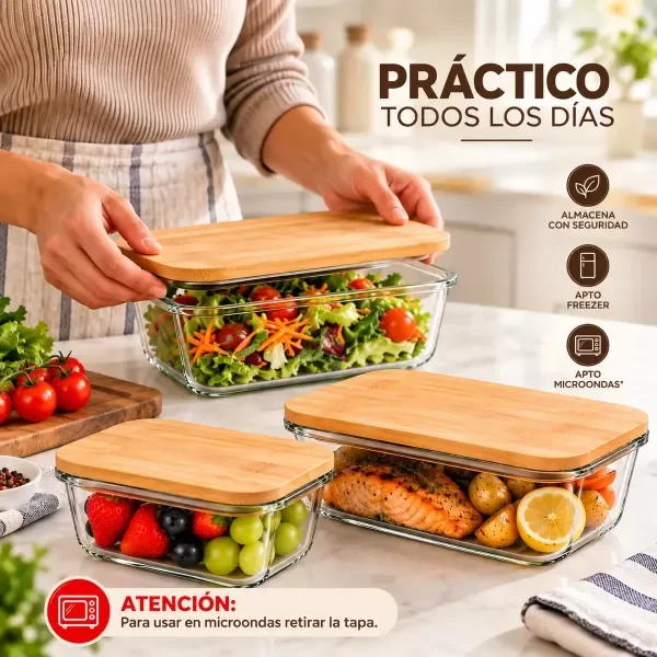 Producto - SET DE 3 RECIPIENTES RECTANGULARES HERMETICOS DE VIDRIO CON TAPA DE BAMBU l - 4