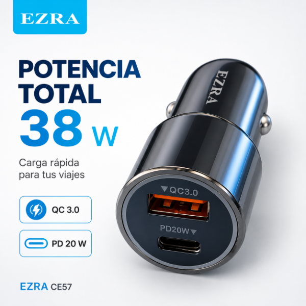 Producto - Adaptador de Metal Para Auto de 38W  + Luz Led Salida USB-TPC  CR57 EZ-E03. - 1