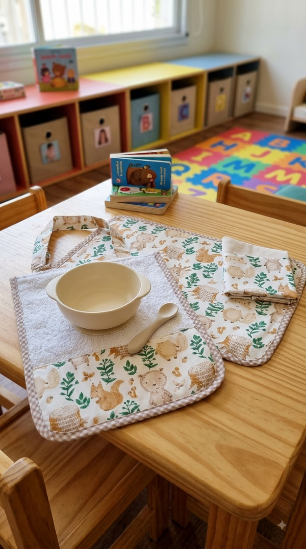 Producto - INDIVIDUAL PARA NIÑOS PLASTIFICADO + SERVILLETA + BABERO "OSOS Y TRONCOS" - 0