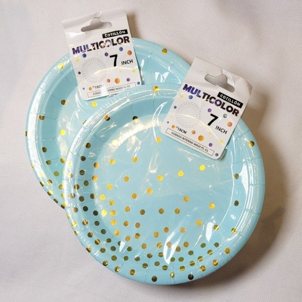 Producto - Plato de 17cm LUNARES METALIZADOS color celeste con lunares dorados x10un