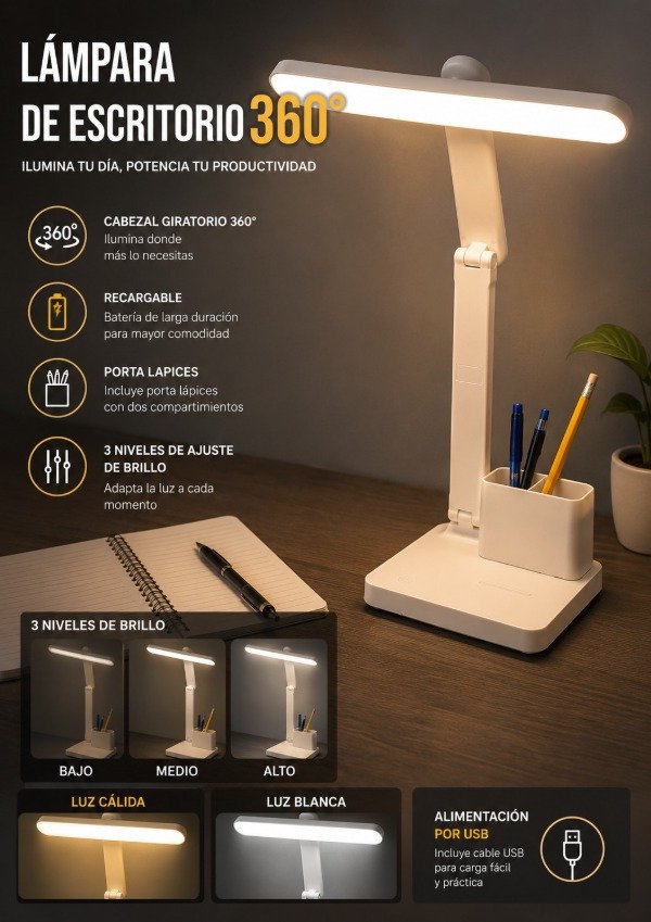 Producto - LAMPARA RECARGABLE  DE ESCRITORIO 360 3 intensidades de luz