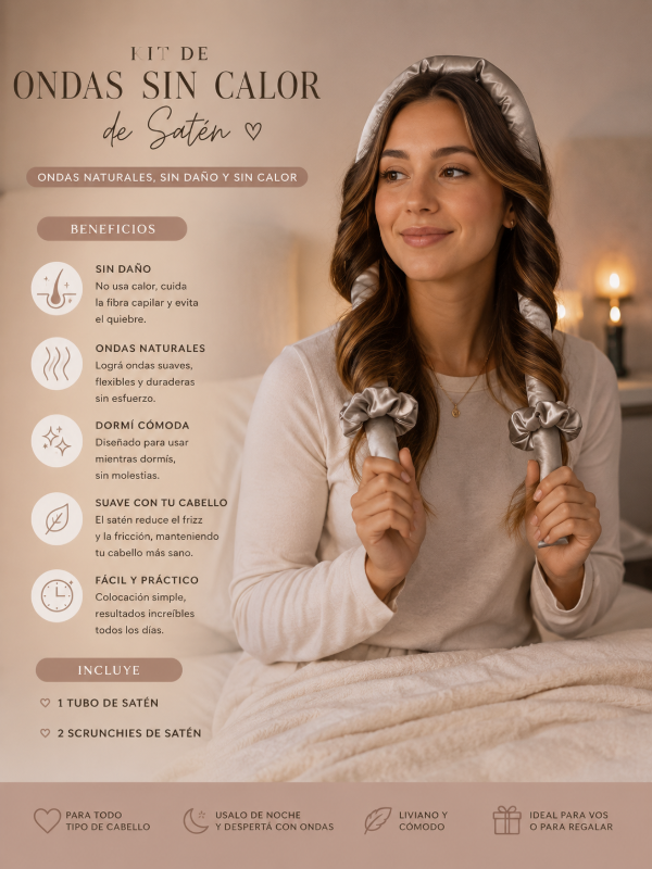 Producto - Kit de Ondas Sin Calor de Satén - Rizador para Dormir Más 2 Scrunchies - 3