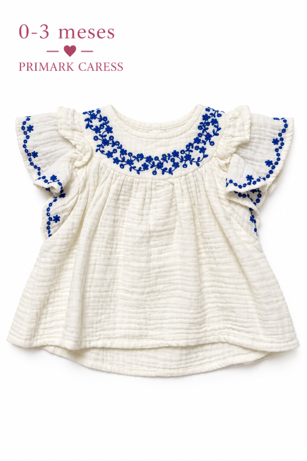 Producto - Vestido blanco bordado azul Primark Caress 0-3 meses - 0