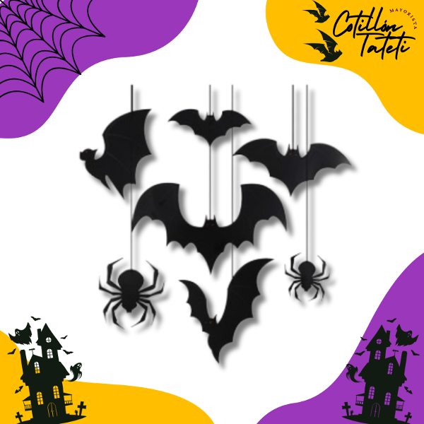 Producto - DECO COLGANTE MURCIELAGOS Y ARAÑAS - 7 UNIDADES