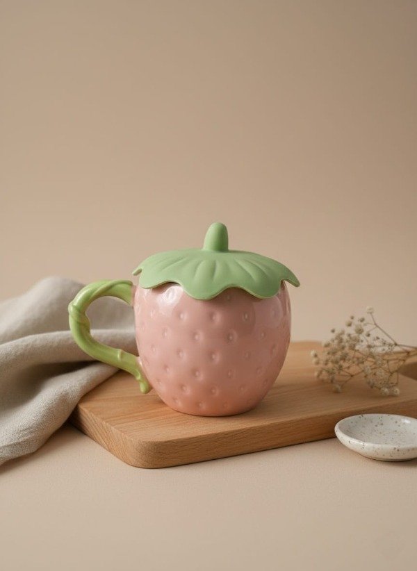 Producto - Taza de cerámica frutilla con tapa -  rosa