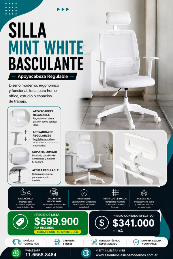 Producto - HOME OFFICE Silla MINT WHITE FULL, Respaldo RED Tapiz Eco/Lino/Marathon!!