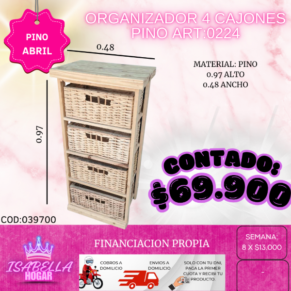 Producto - ORGANIZADOR 4 CAJONES PINO COD:039700