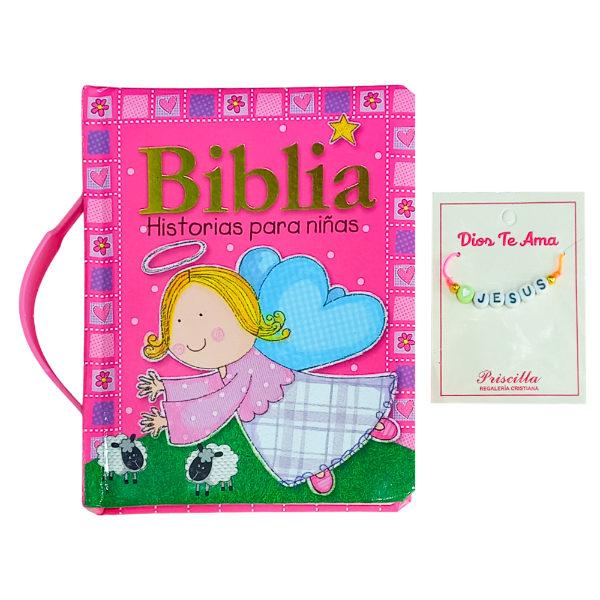 Producto - Kit Infantil 001 Biblia Valijita Rosa + Pulsera De Hilo Regulable