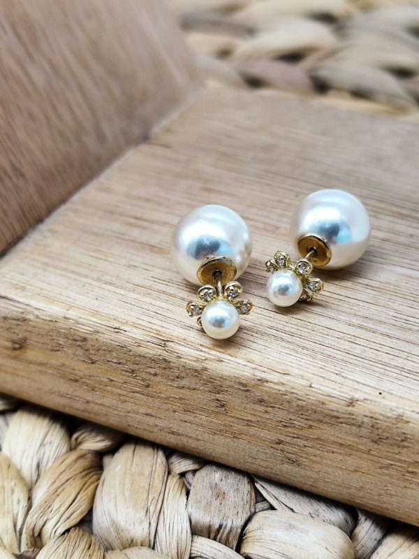 Producto - Aros Dior Doble Perla y Flor - Baño de Oro - 0