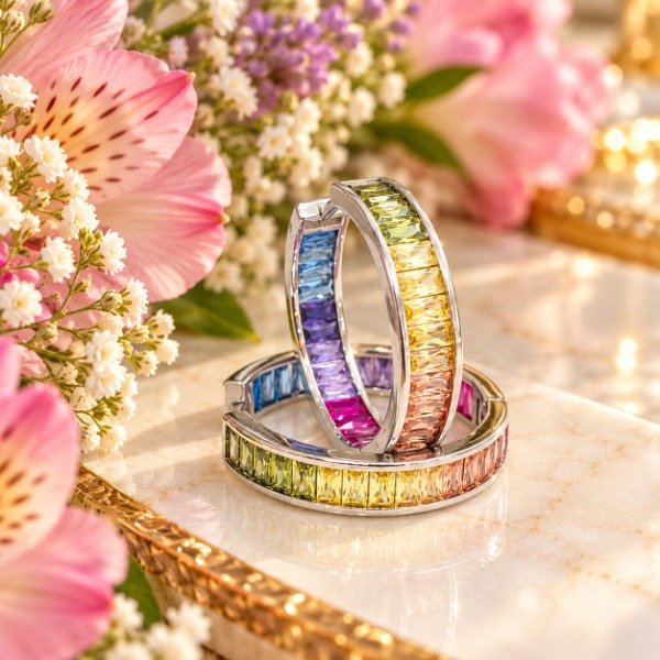 Producto - Aros Argollas Piedras Multicolor Baguettes Plata 925