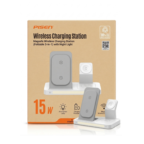 Producto - Cargador Inalámbrico 3 en 1 Pisen Plegable con Luz Nocturna (White)