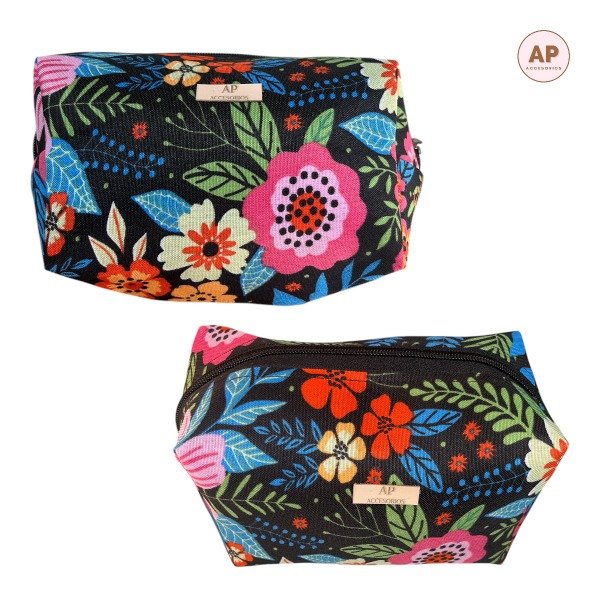 Producto - NECESER CARTU BOX TELA FLORES GRANDES CON FONDO NEGRO