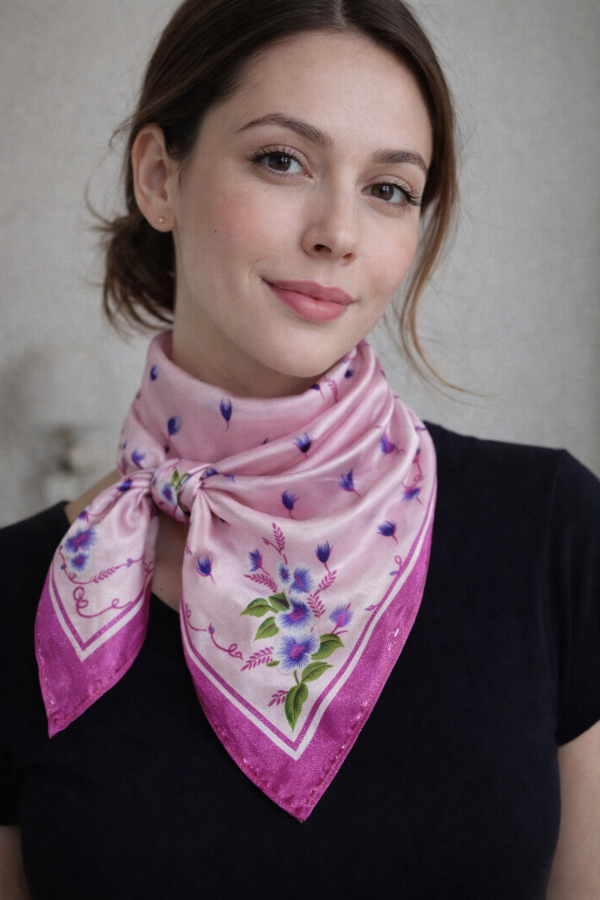 Producto - Pañuelonde seda flores  rosa y fucsia