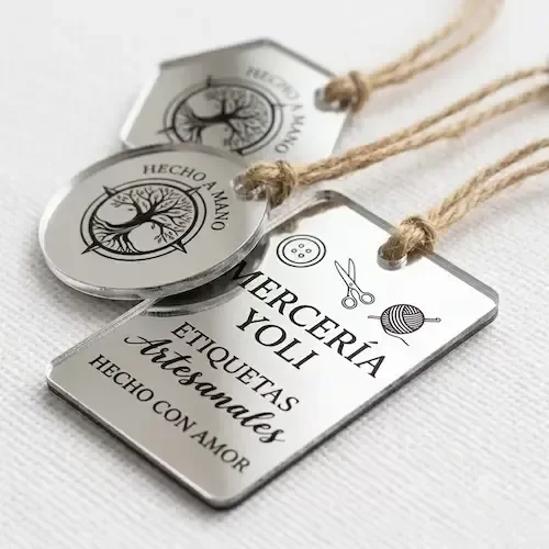 Producto - Etiquetas símil metal plateado personalizadas con grabado en negro