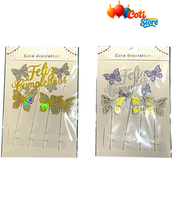 Producto - Topper para torta 'Feliz Cumpleaños' con mariposas con glitter