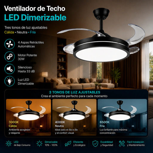Producto - Ventilador de Techo -4 aspas retractiles -modo frio/calor -luz led -control remo - 3