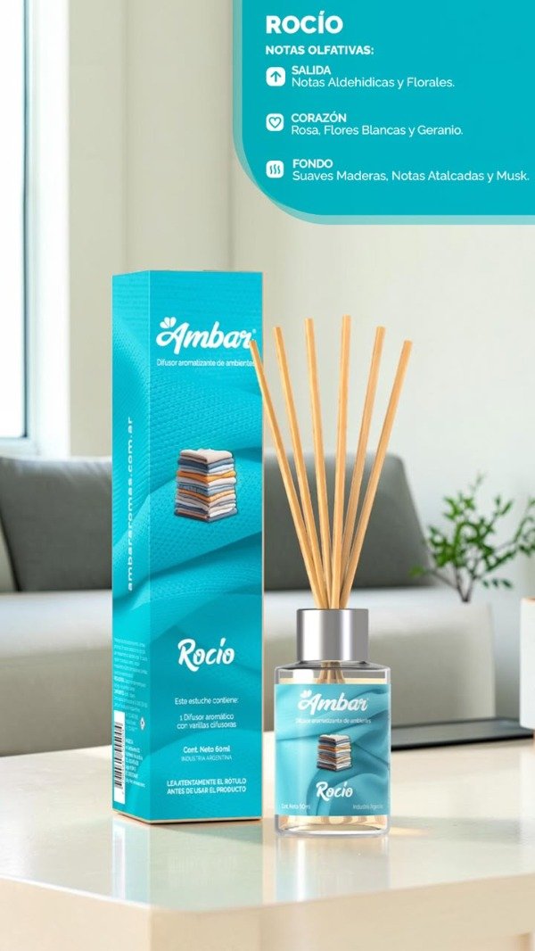Producto - DIFUSOR CON VARILLAS AMBAR 60ML "ROCIO"
