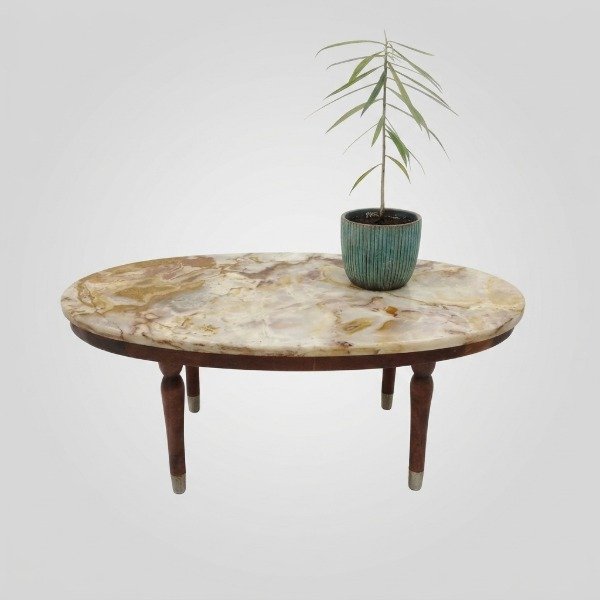 Producto - Mesa Ratona Ovalada Tapa de Mármol Ónix Rosa y Madera - 1