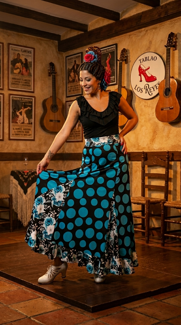 Producto - Falda Flores y Lunares Turquesa Talle L